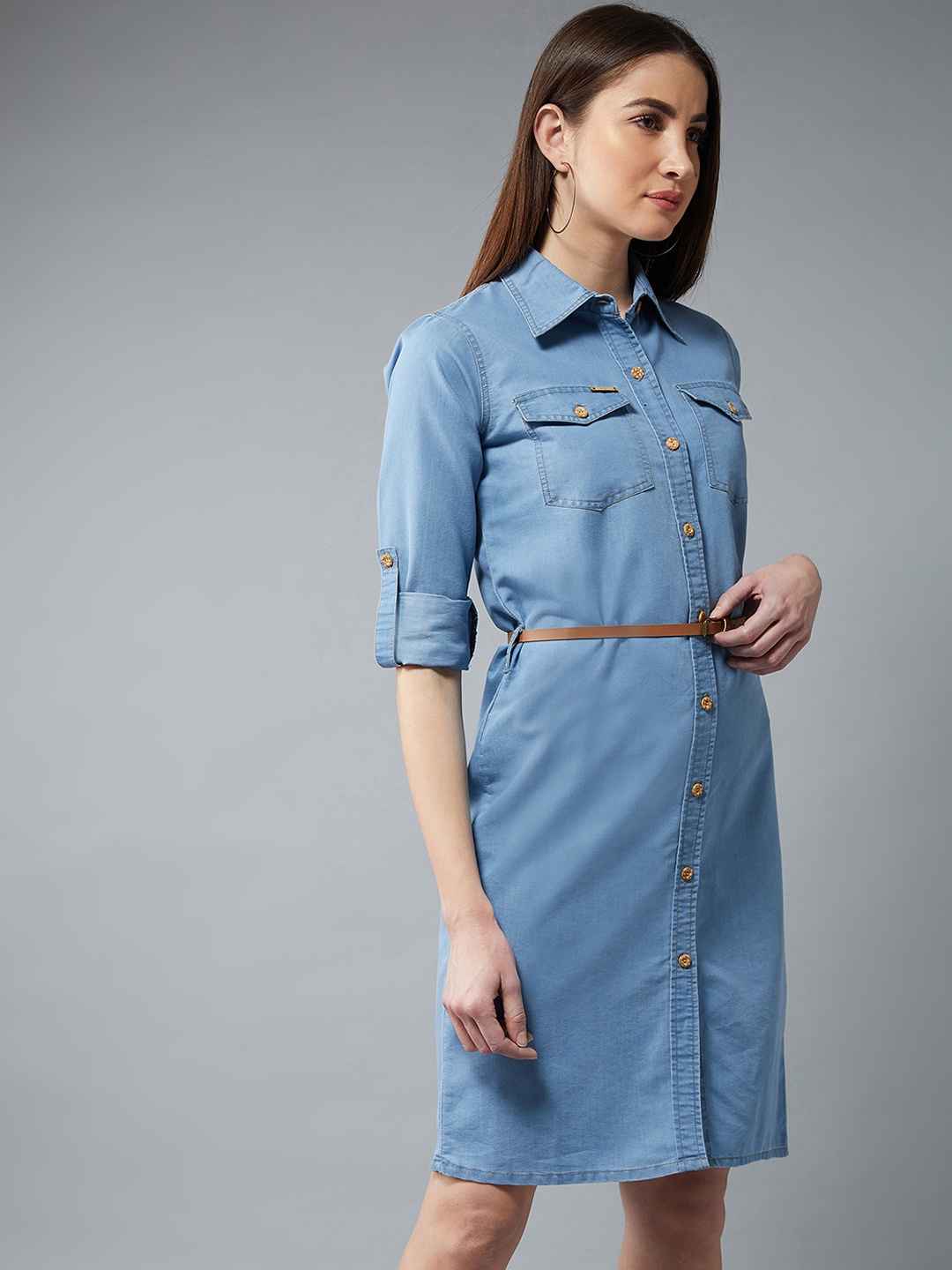 

DOLCE CRUDO Women Lightweight Blue Denim Shirt Dress