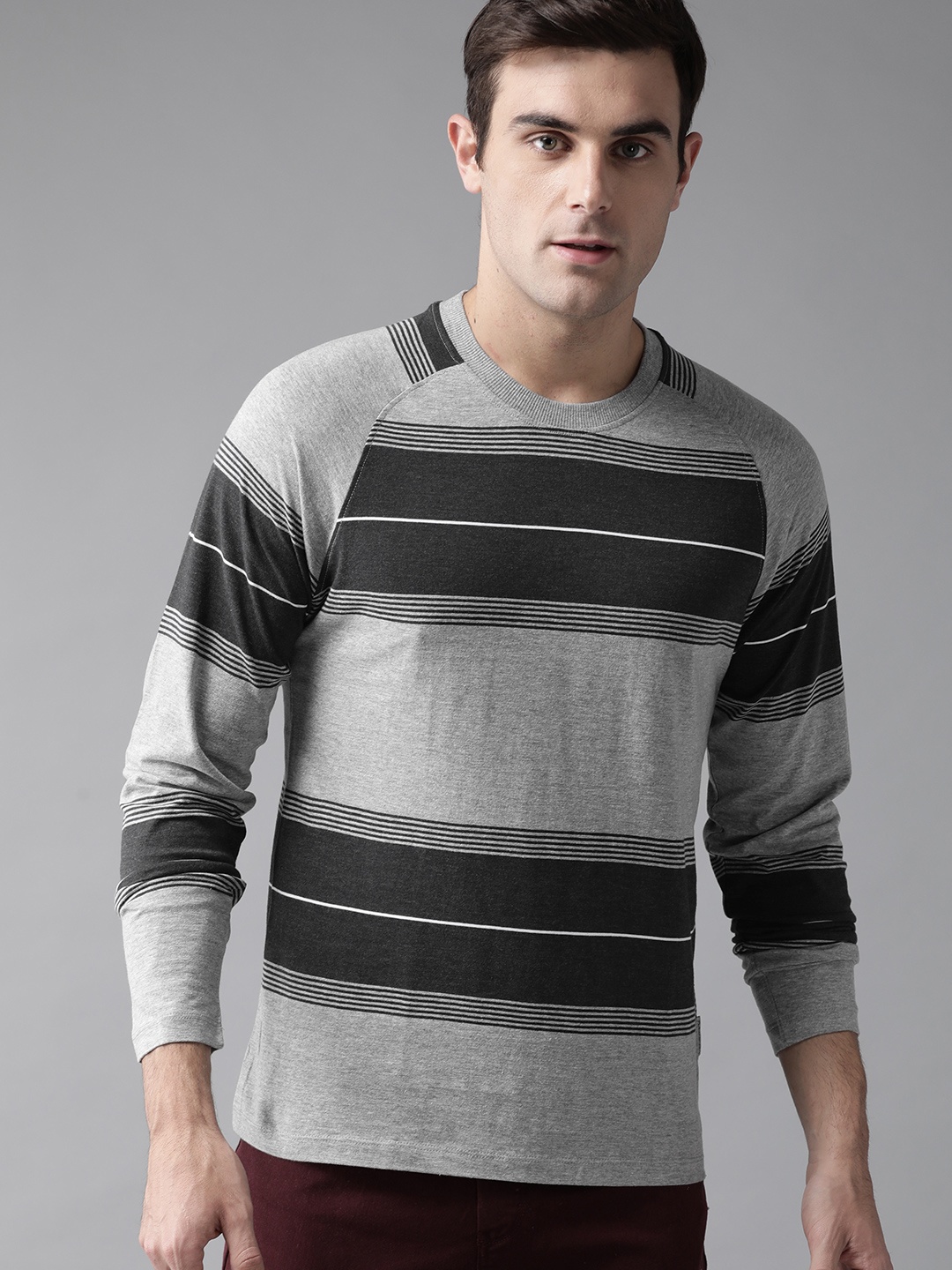 

Roadster Men Grey Striped Round Neck T-shirt