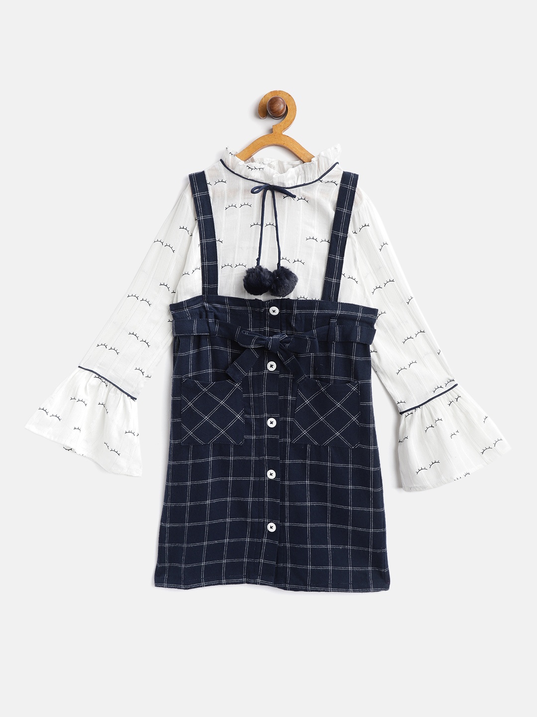 

Nauti Nati Girls White & Navy Blue Printed Top with Skirt