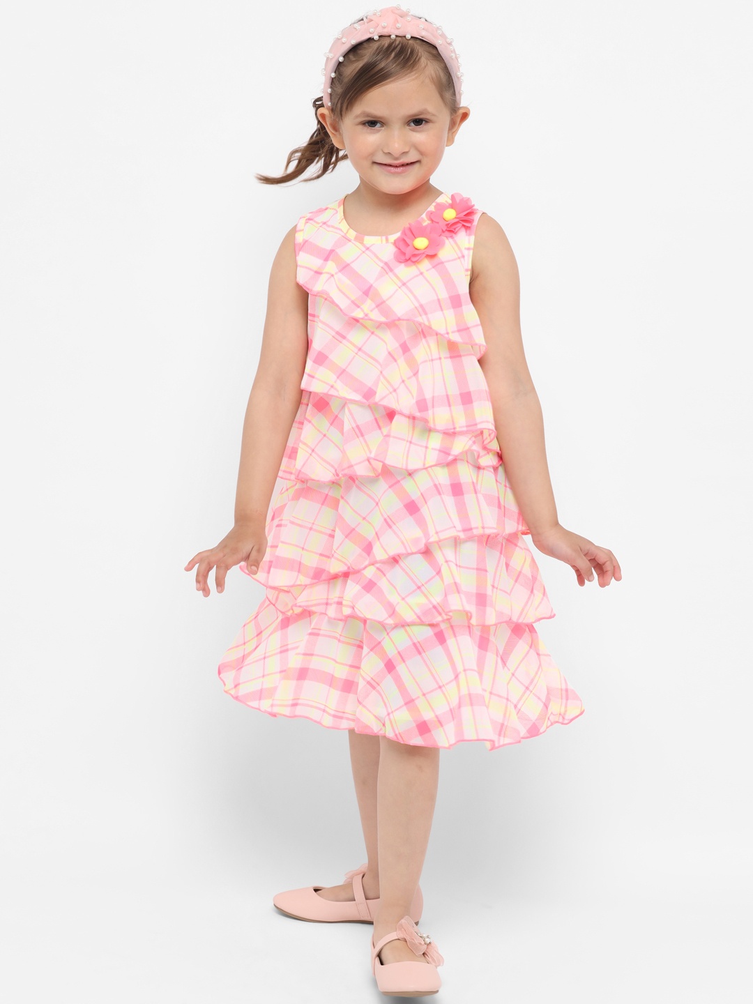 

Nauti Nati Girls Off-White & Pink Checked Tiered A-Line Dress