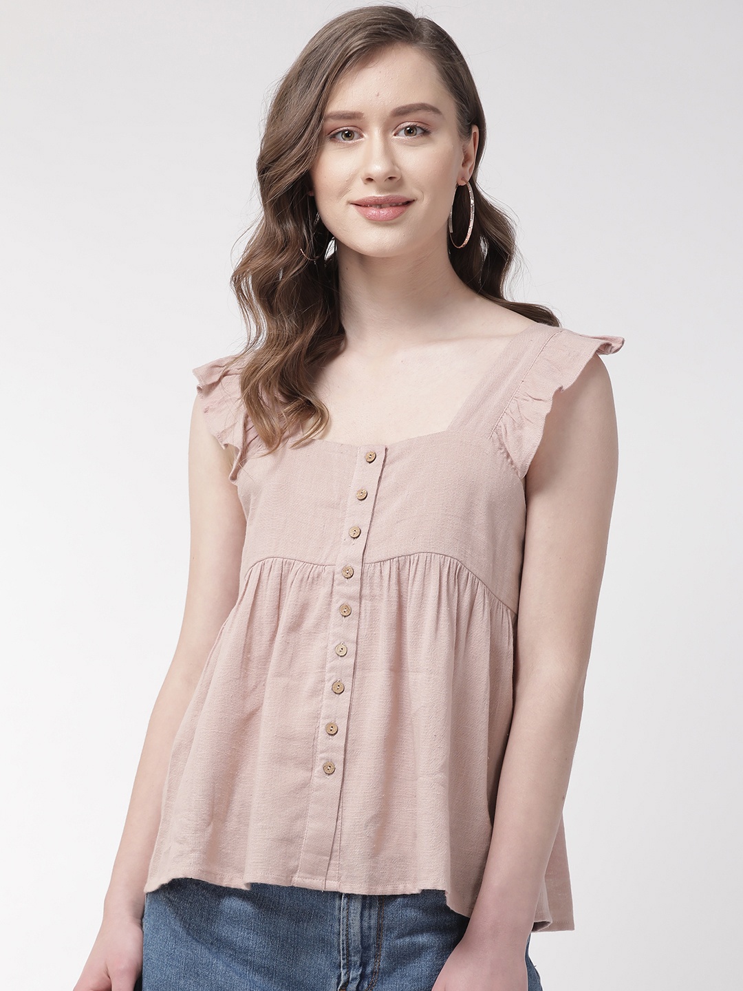 

QUIERO Women Dusty Pink Solid A-Line Pure Cotton Top