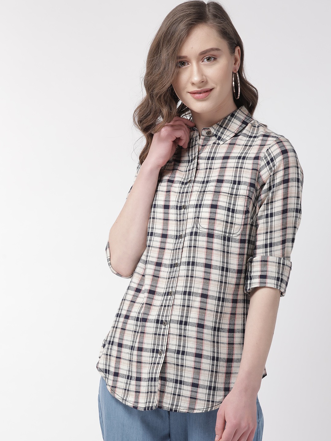 

QUIERO Women Beige & Navy Checked Casual Shirt
