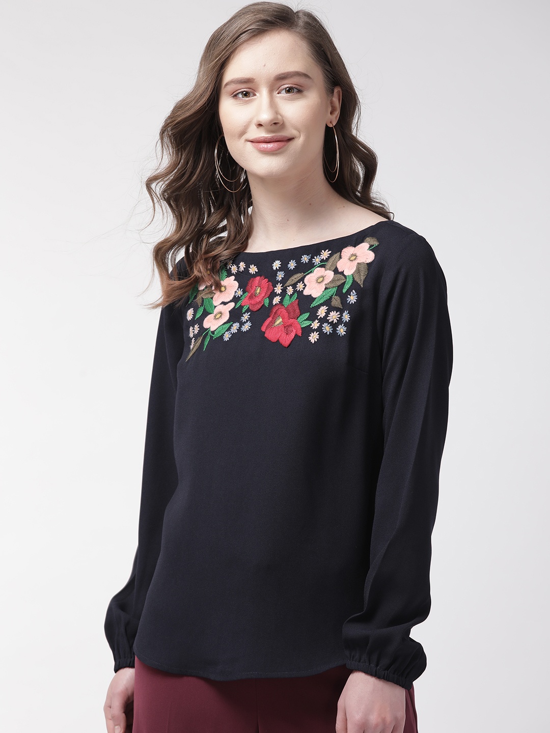 

QUIERO Women Navy Blue Embroidered Detail Top