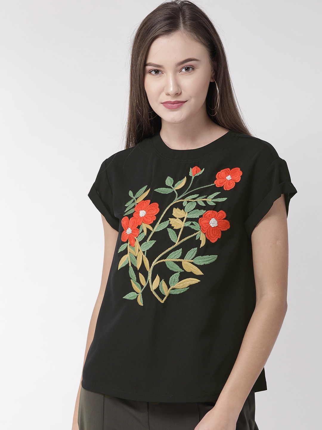 

QUIERO Women Black Embroidered Top