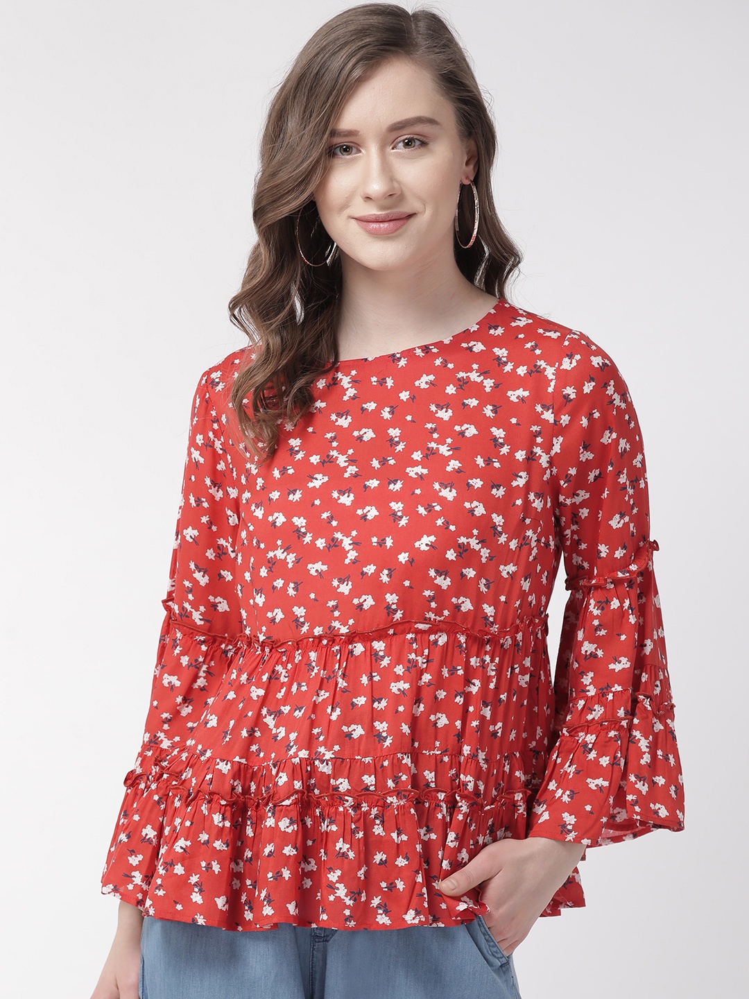 

QUIERO Women Red & White Printed A-Line Top