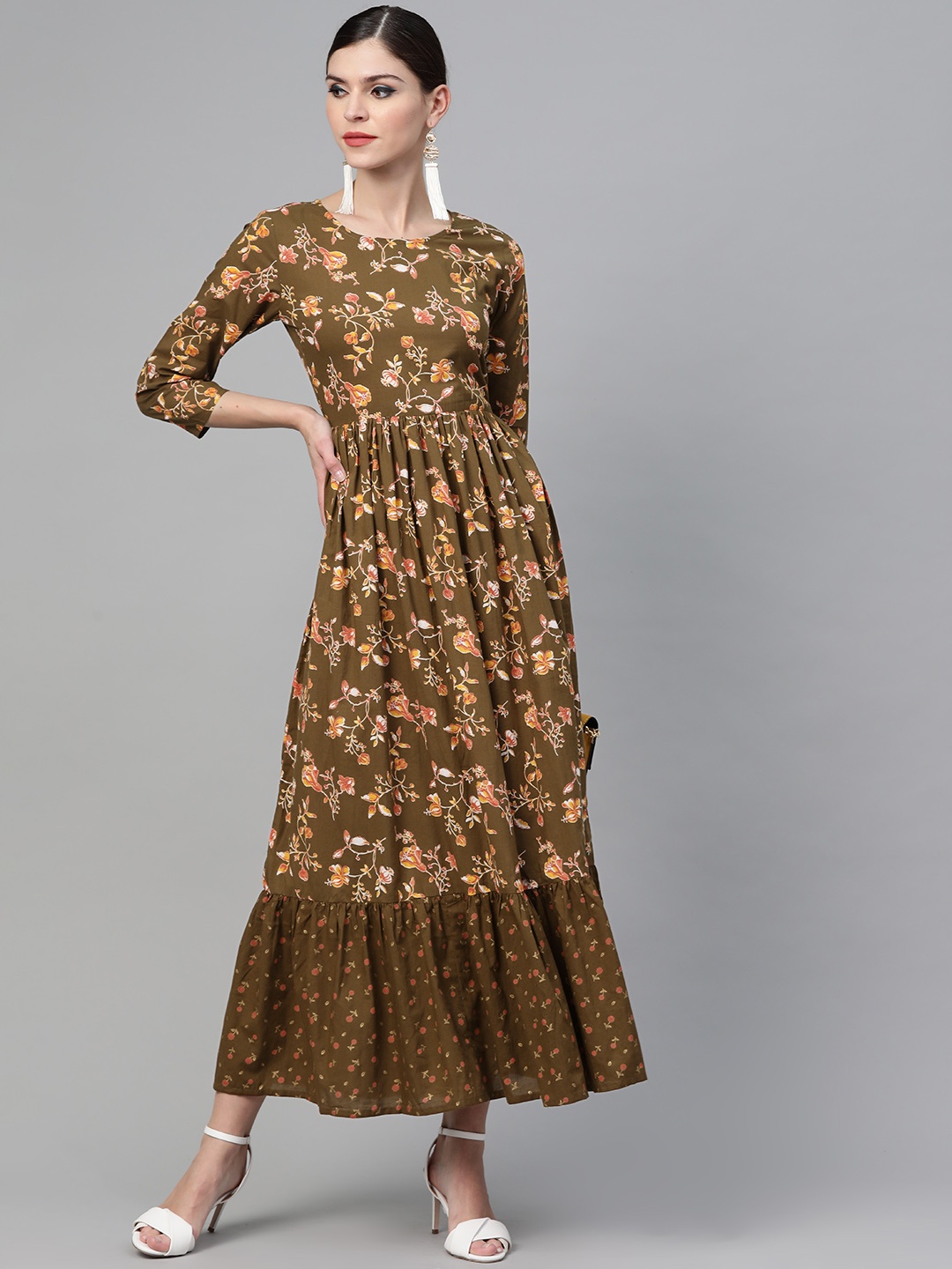 

See Designs Women Olive Brown & Orange Printed Maxi Dress