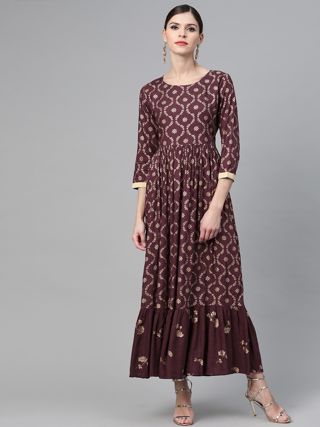 

See Designs Women Burgundy & Golden Printed Maxi Dress