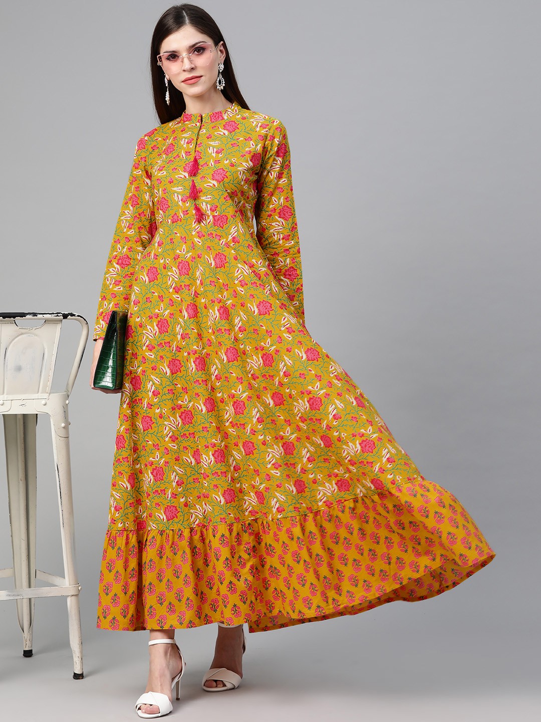 

See Designs Women Mustard Yellow & Pink Printed Maxi Dress