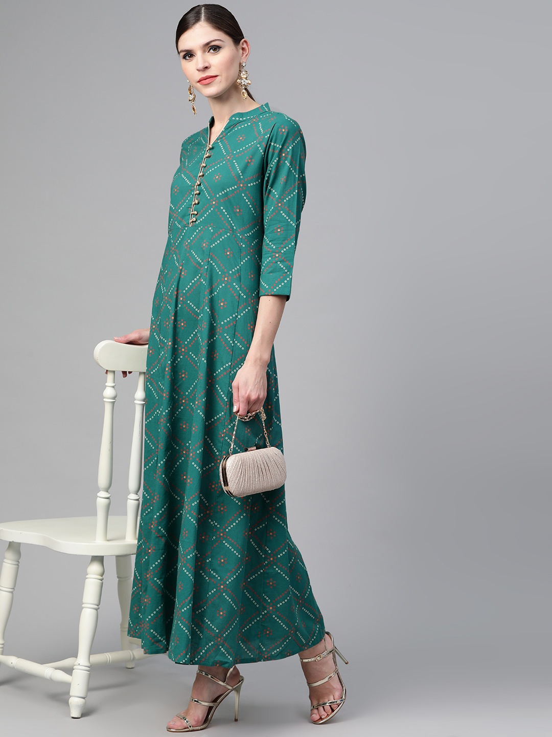 

See Designs Women Green & Red Bandhani Print Maxi Dress