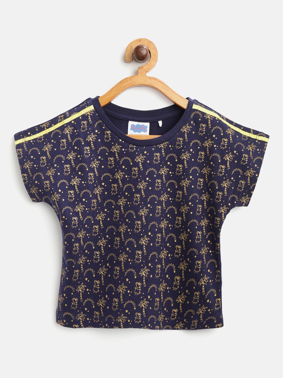 

toothless Girls Navy Blue & Golden Peppa Pig Printed Round Neck Pure Cotton T-Shirt