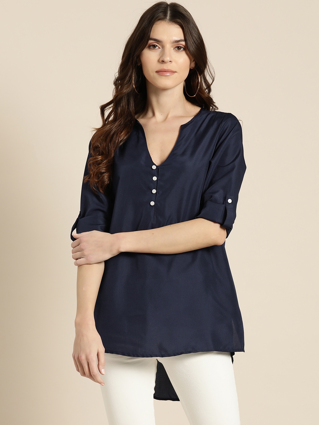 

Qurvii Plus Size Women Navy Blue Solid Top