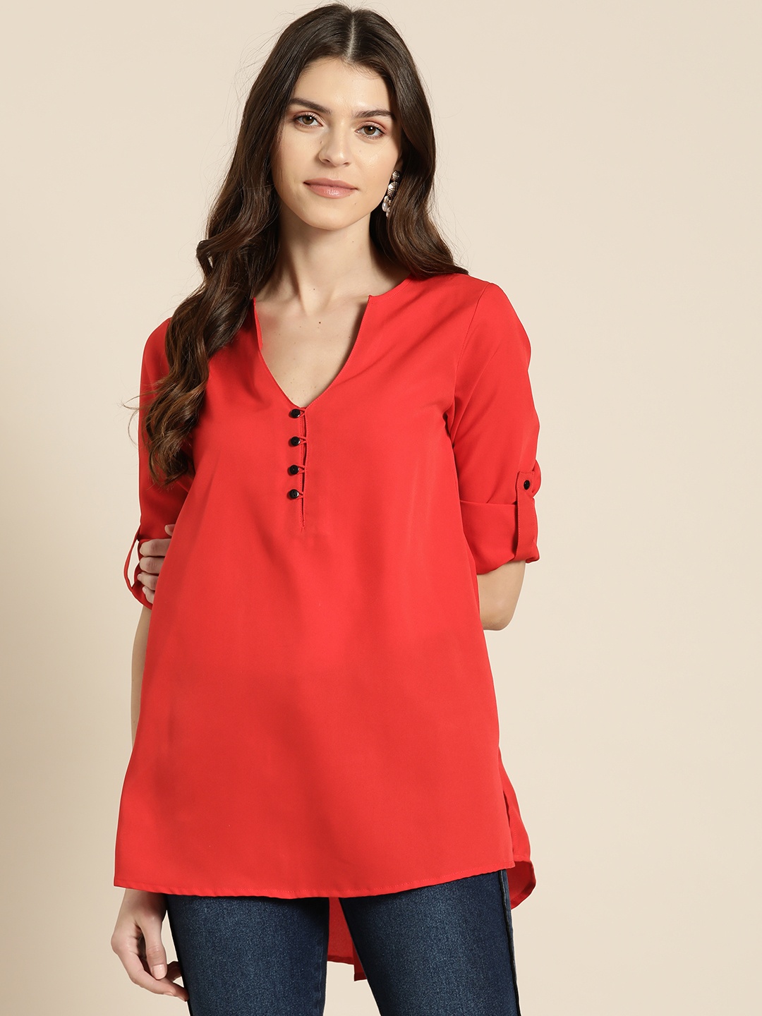 

Qurvii Plus Size Women Red Solid High-Low Top