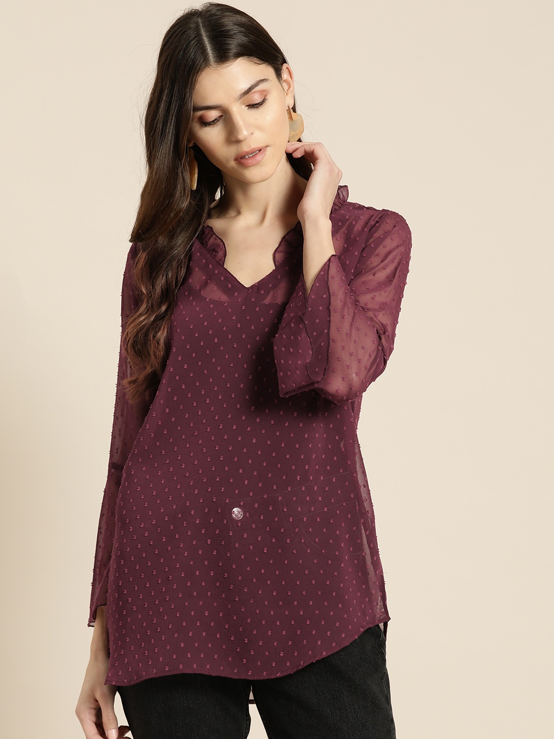 

Qurvii Plus Size Women Burgundy Semi-Sheer Self Design Top
