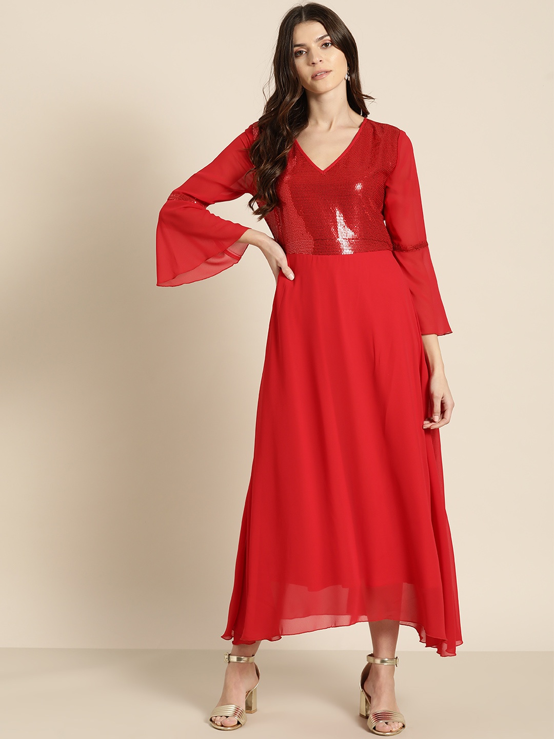 

Qurvii Plus Size Women Red Sequinned Detail Maxi Dress