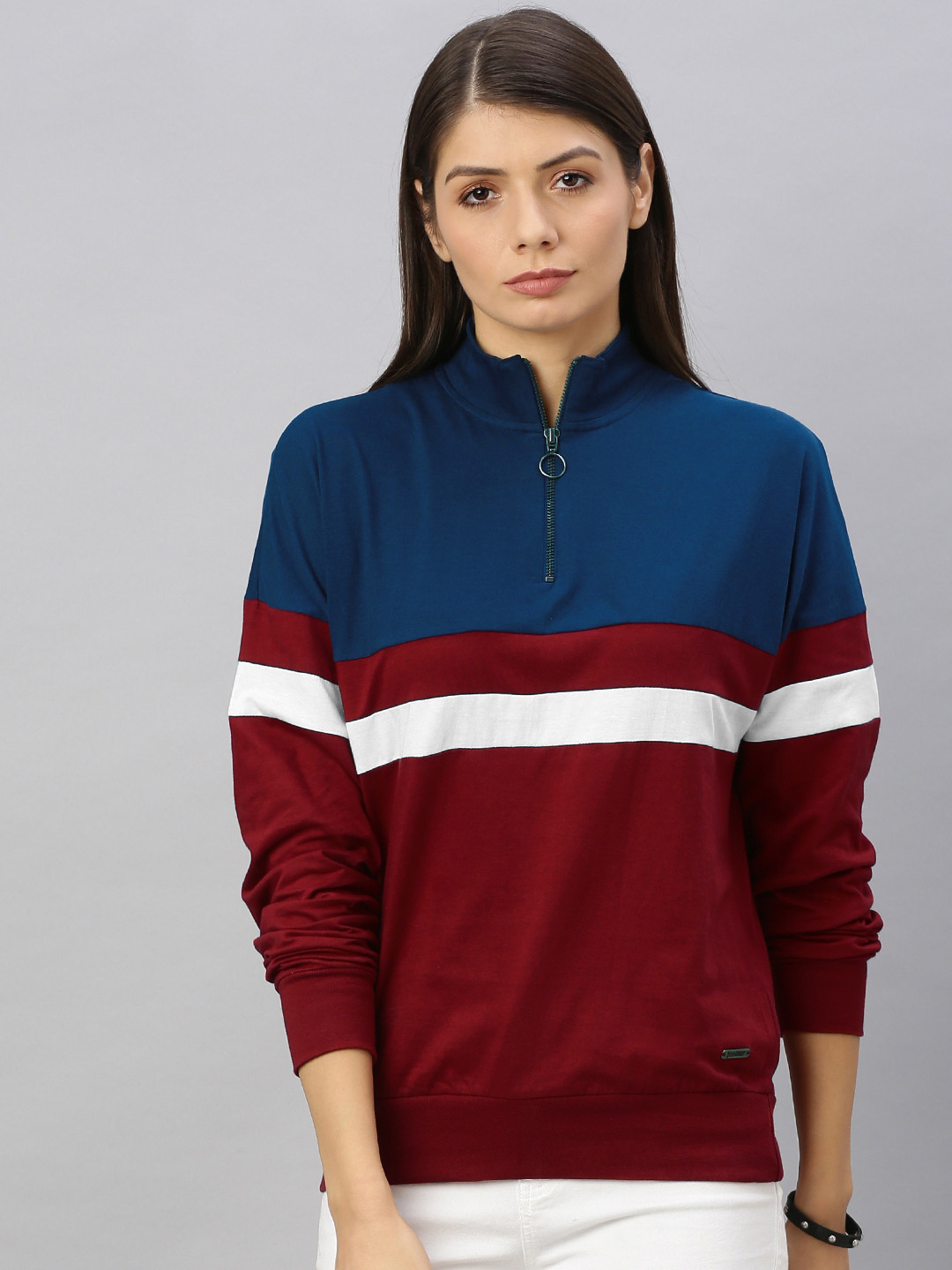 

Roadster Women Navy Blue & Maroon Colourblocked Pure Cotton Top
