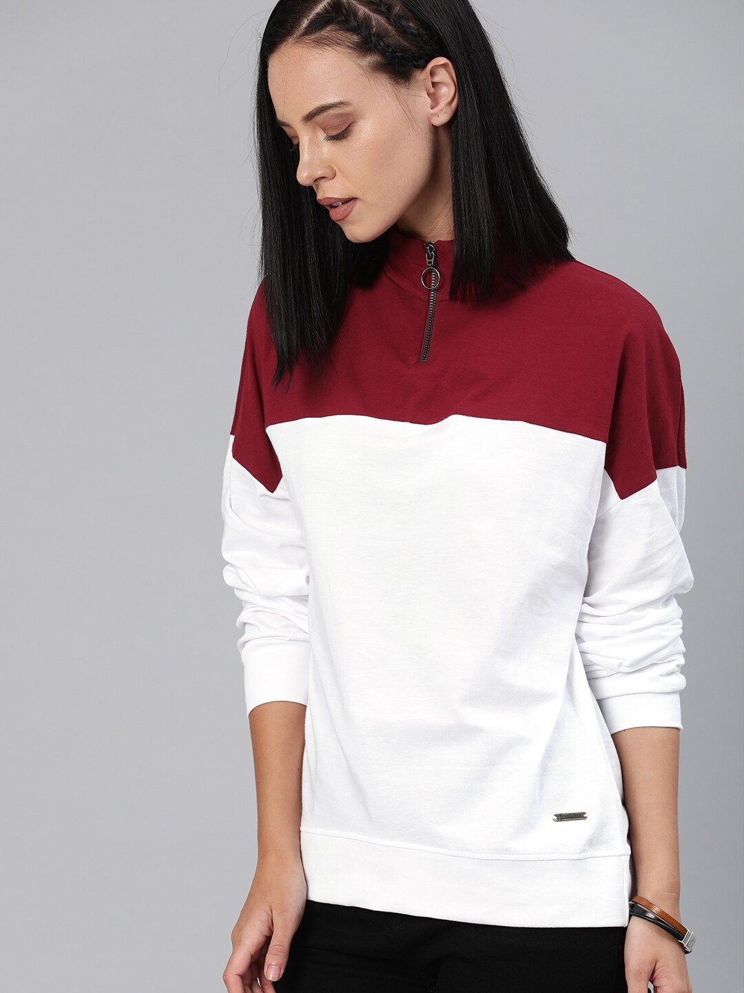 

Roadster Women White & Maroon Colourblocked Top