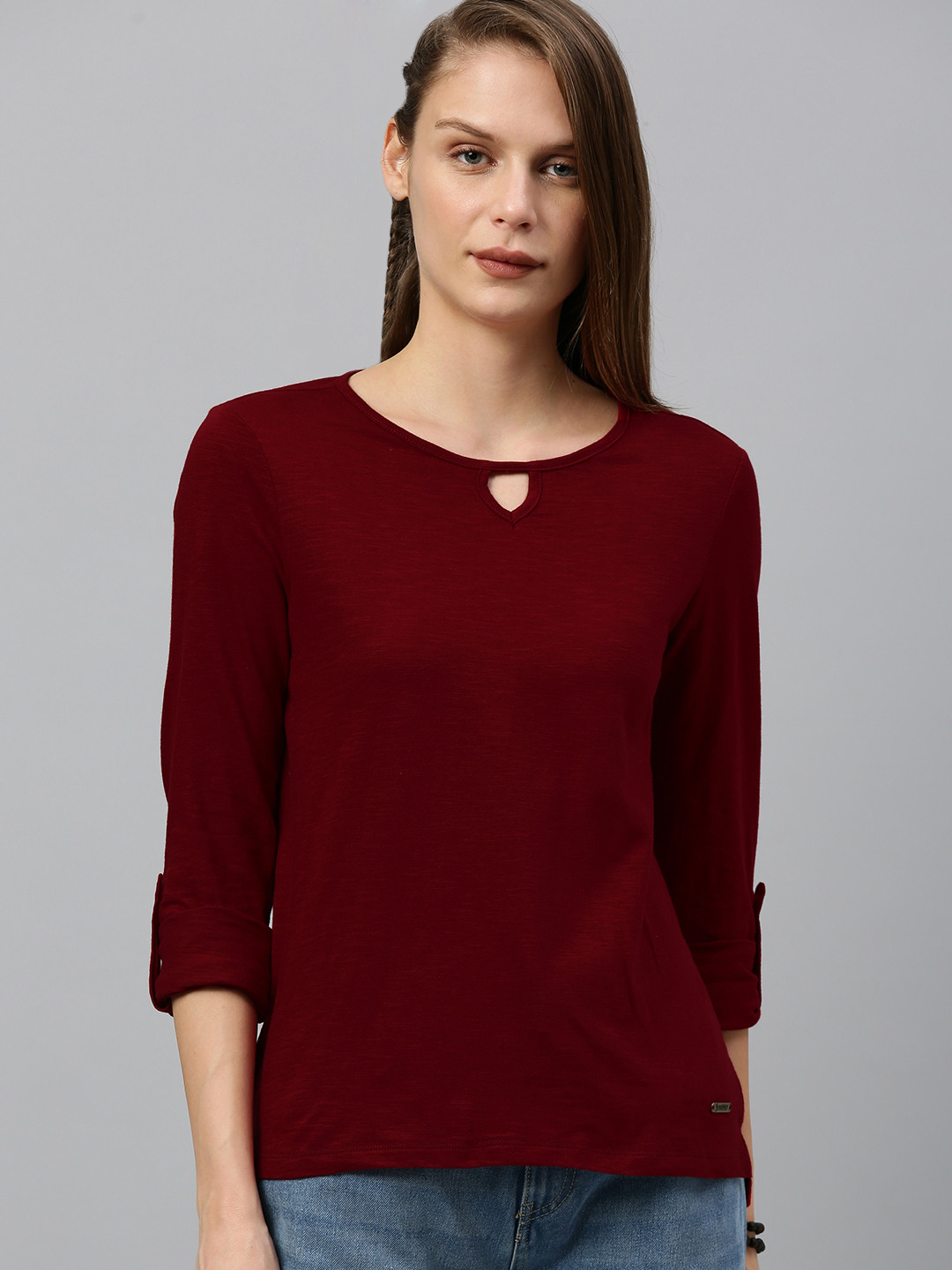 

Roadster Women Maroon Solid Key Hole Neck Pure Cotton Top