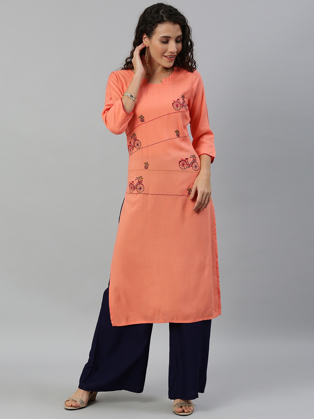 

Blissta Women Coral Pink Embroidered Straight Kurta