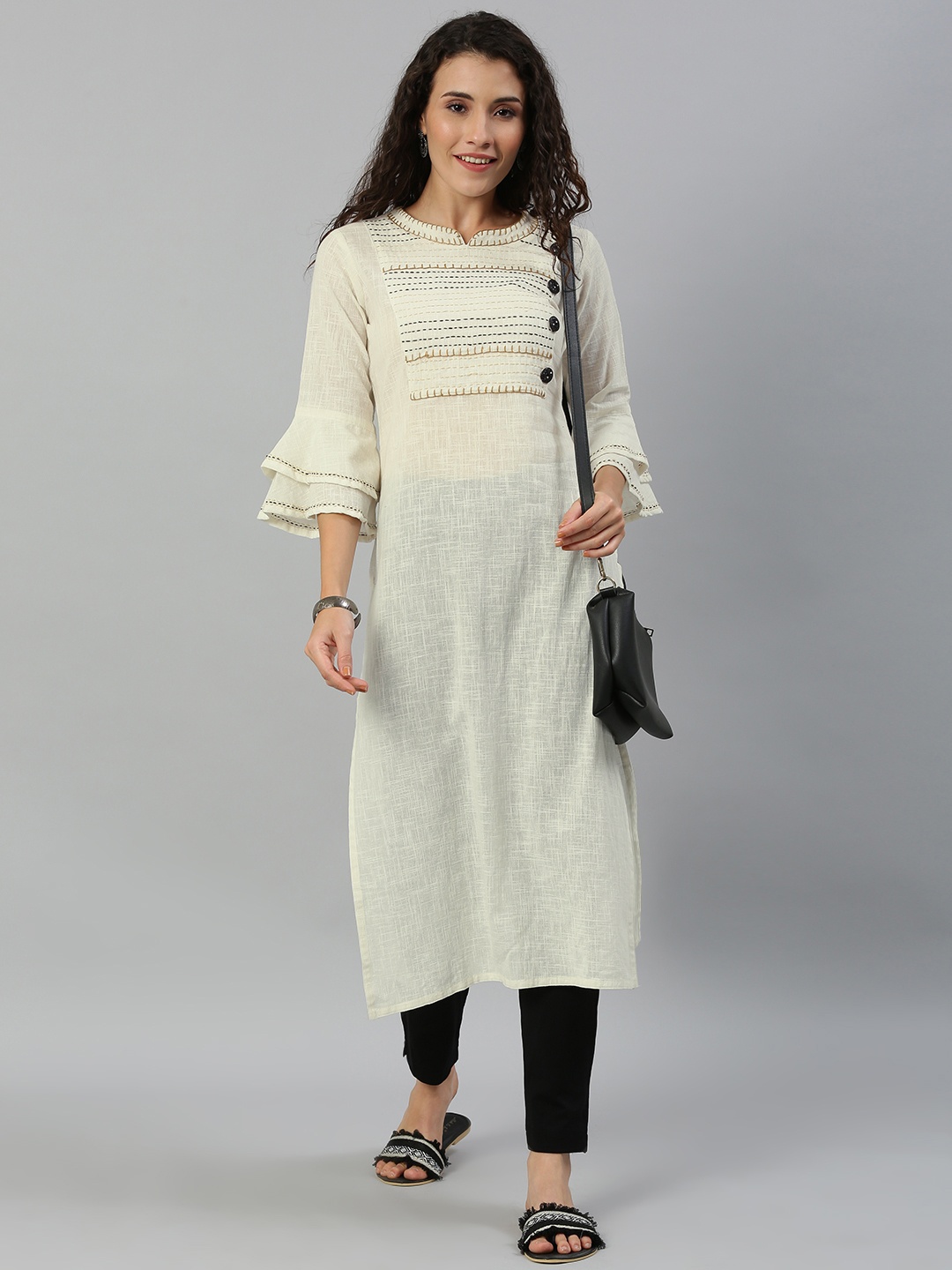 

Blissta Women Off-White Yoke Design Straight Kurta