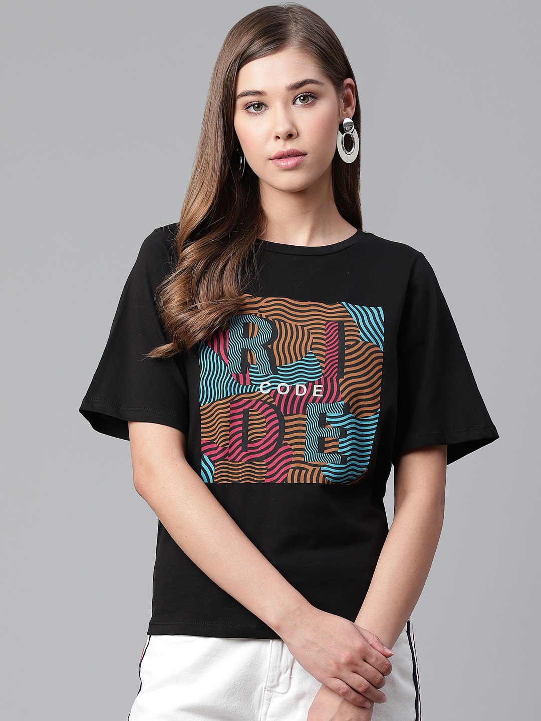 

Roadster Women Black Brown Printed Styled Back Pure Cotton T-shirt