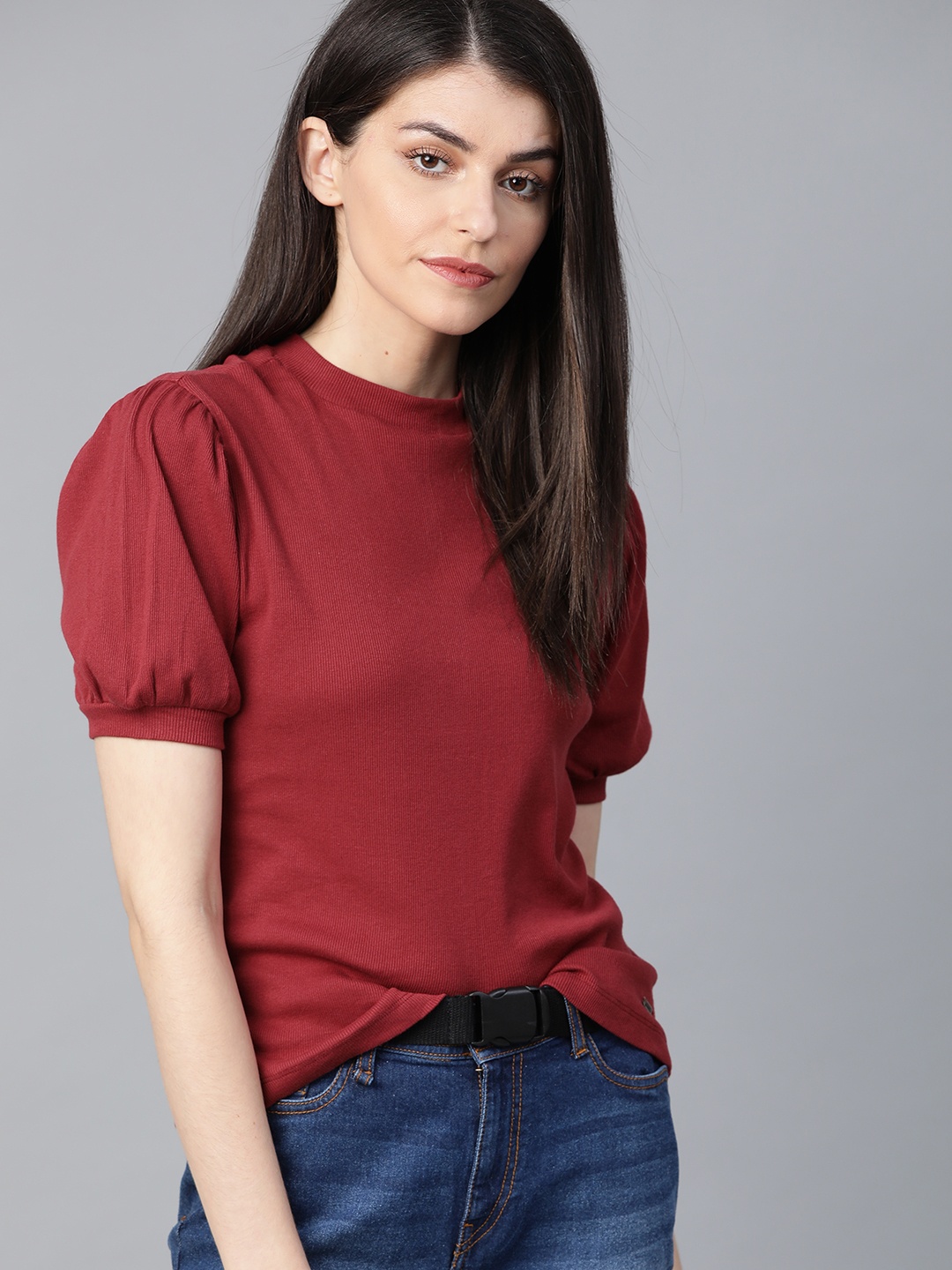 

The Roadster Lifestyle Co. Ribbed Pure Cotton Top, Maroon