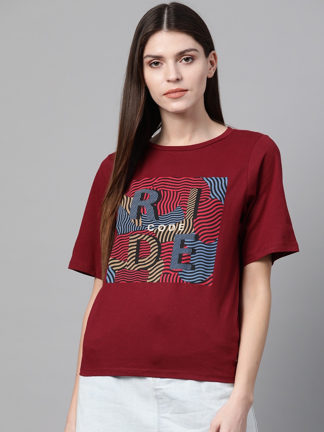 

Roadster Women Maroon & Blue Printed Styled Back Pure Cotton Top