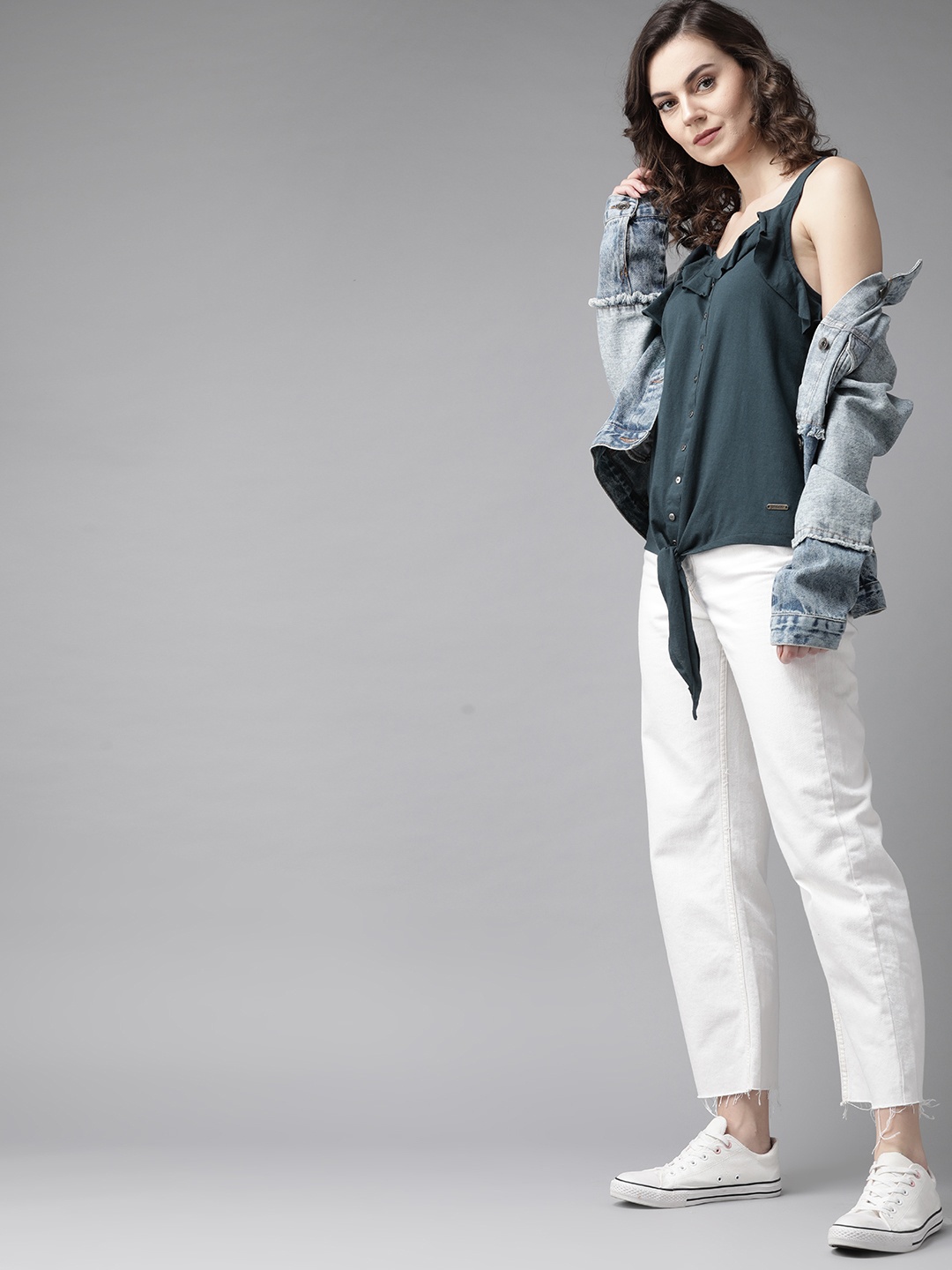 

Roadster Women Navy Blue Solid Pure Cotton Top