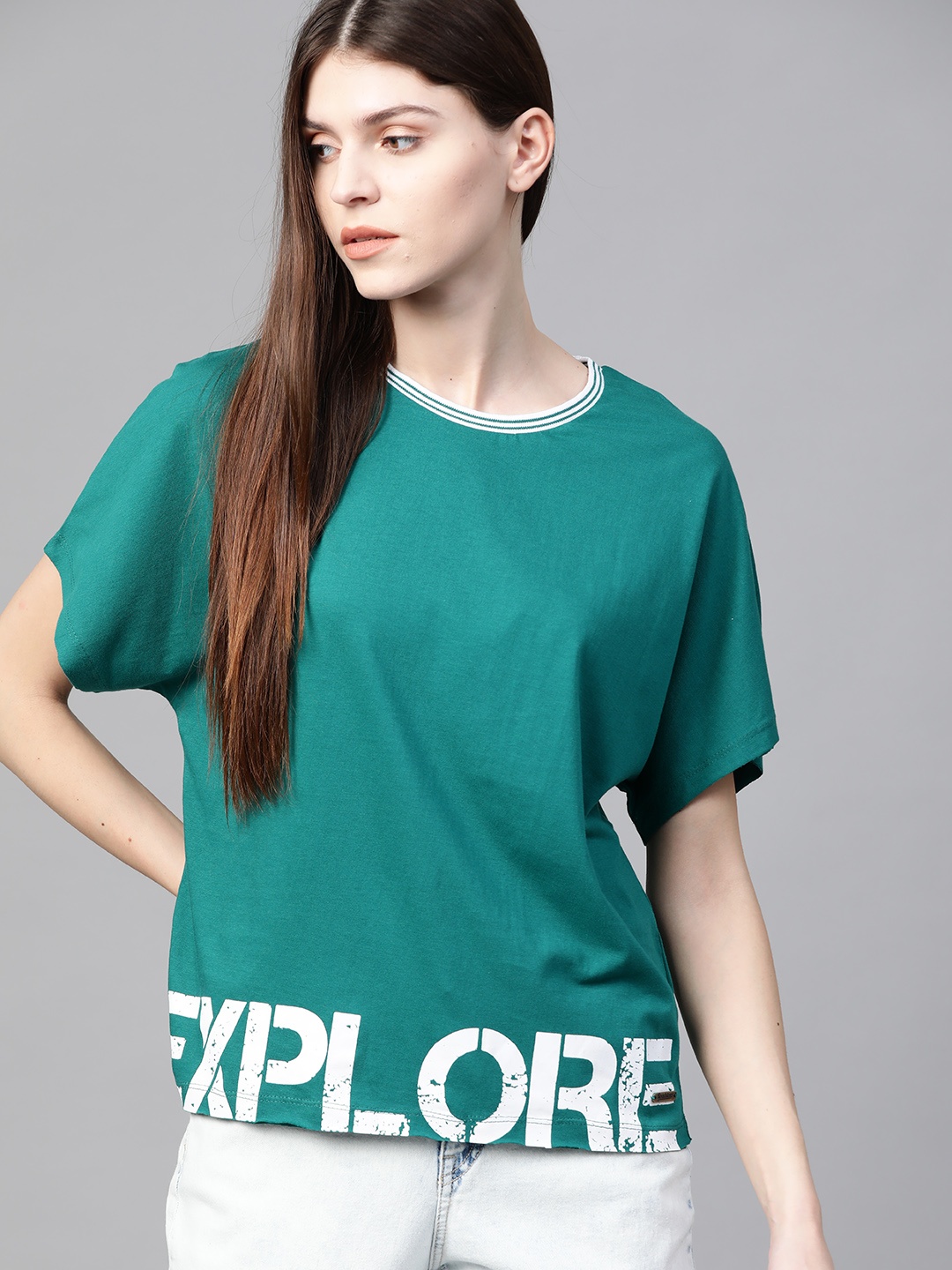 

Roadster Women Green & White Printed Round Neck T-shirt