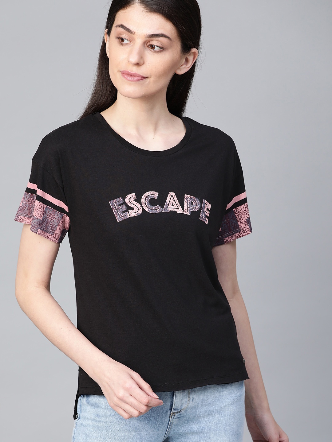 

Roadster Women Black Printed Round Neck T-shirt