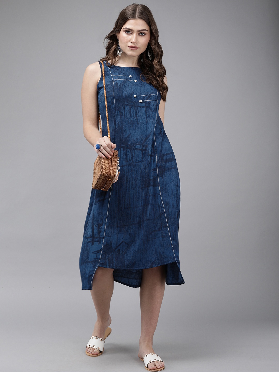 

Anouk Women Navy Blue Printed A-Line Dress