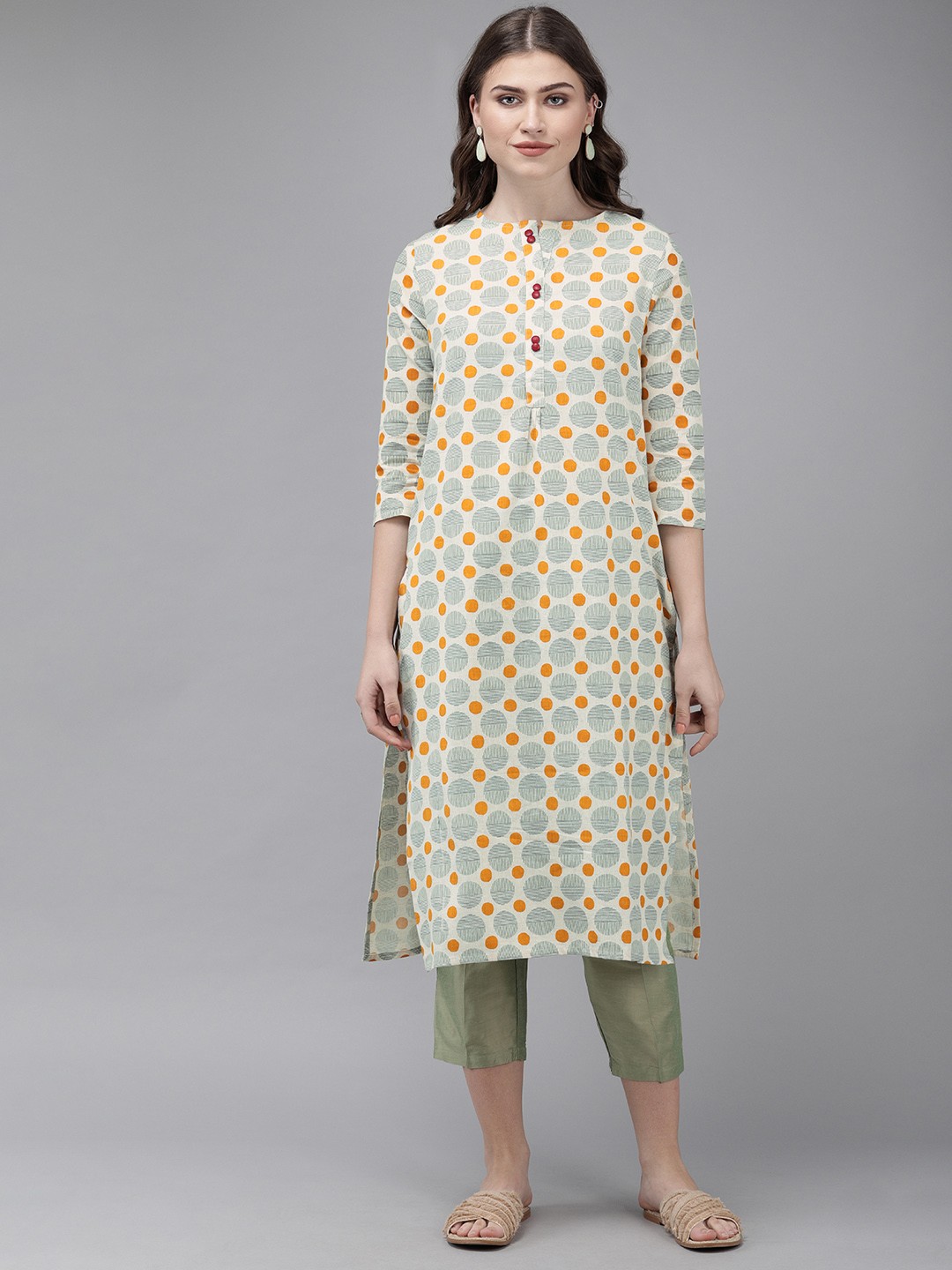 

Anouk Women Beige & Green Printed Straight Kurta