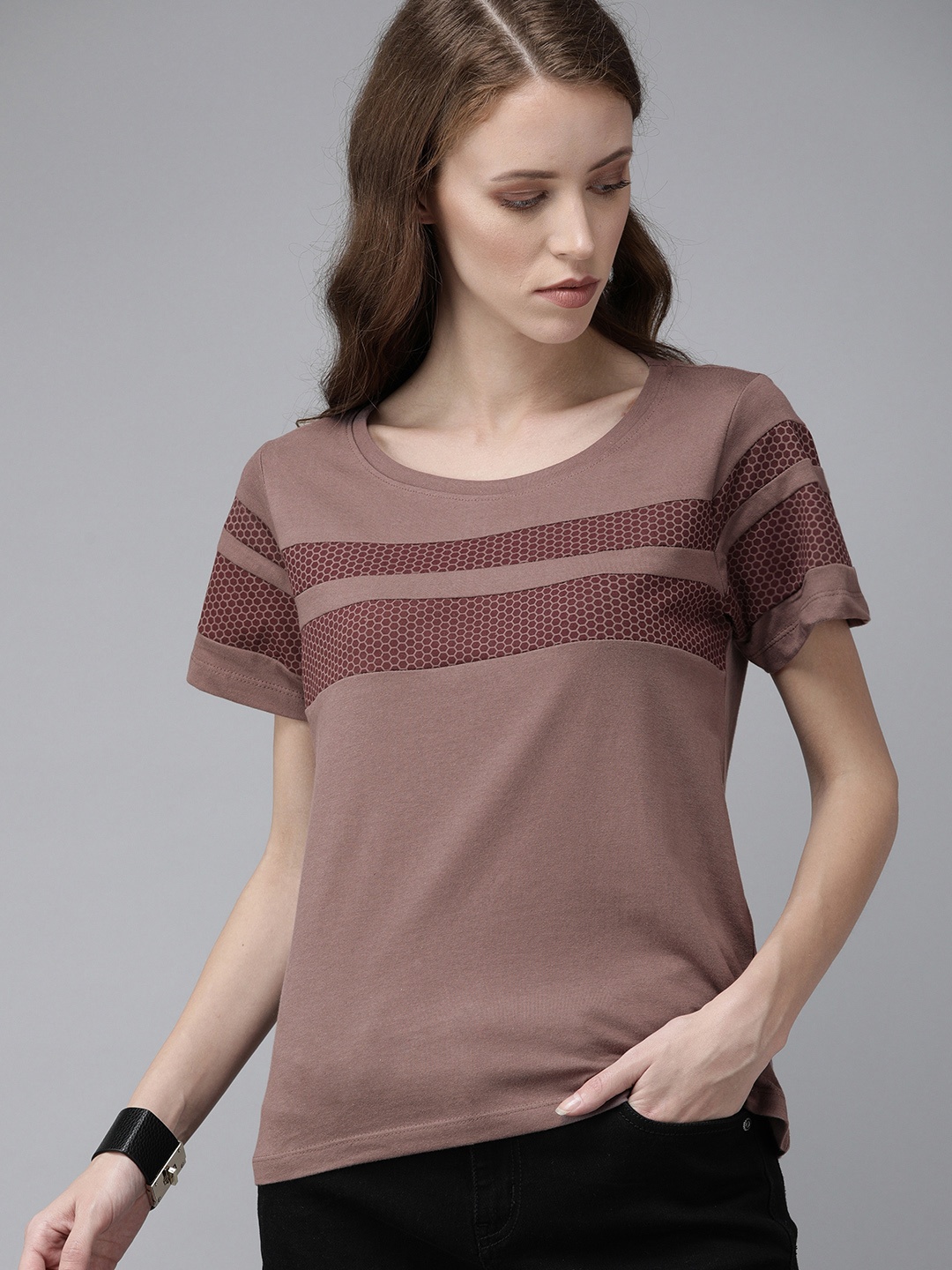 

Roadster Women Maroon Printed Round Neck T-shirt