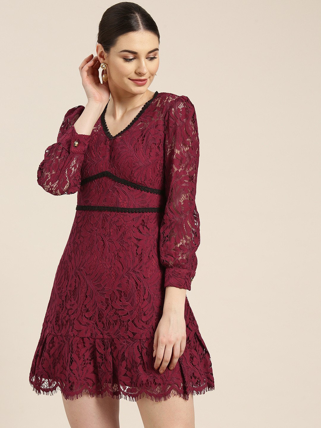 

WoowZerz Women Burgundy A-Line Lace Dress