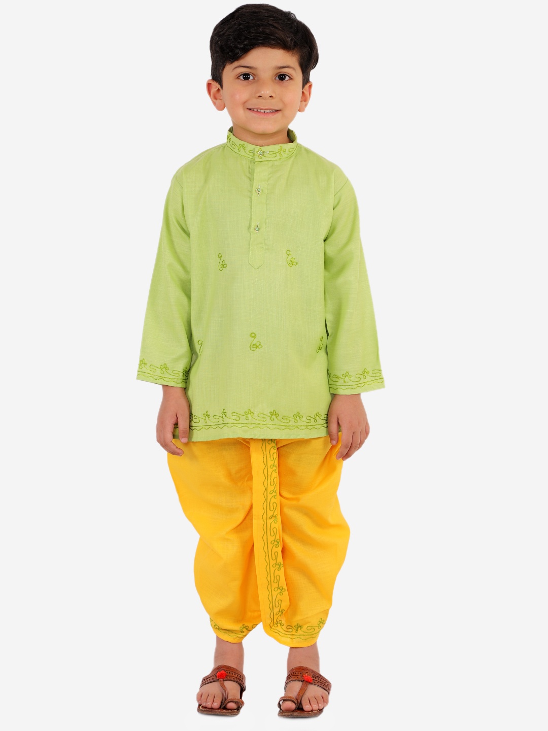 

Superminis Boys Green & Yellow Embroidered Kurta with Dhoti Pants