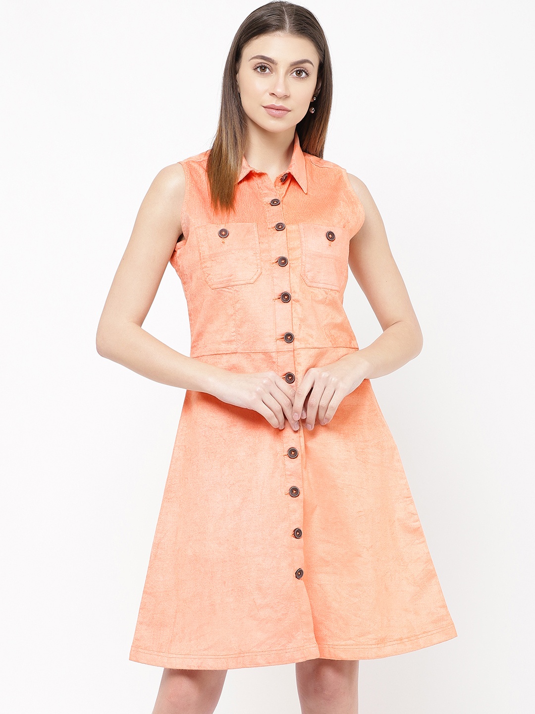 

urSense Women Orange Solid Velvet Finish Shirt Dress