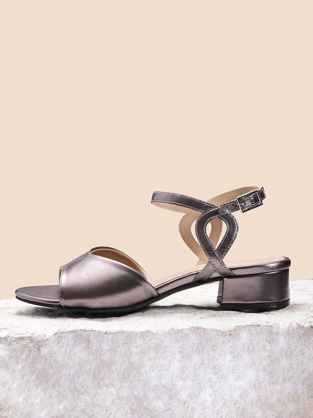 

her by invictus Women Gunmetal-Toned Solid Open Toe Block Heels, Metallic