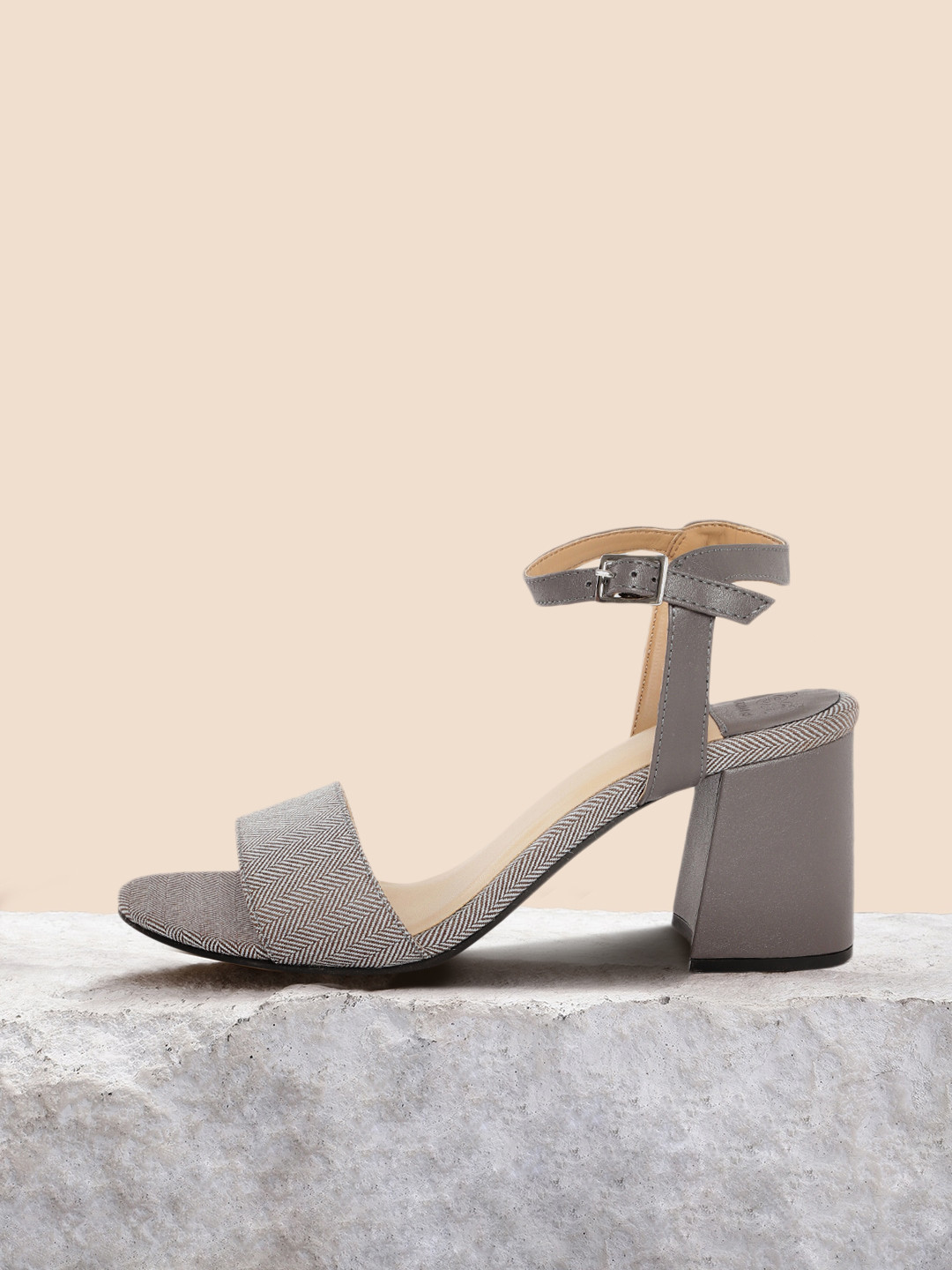 

her by invictus Women Grey & Brown Chevron Pattern Block Heels