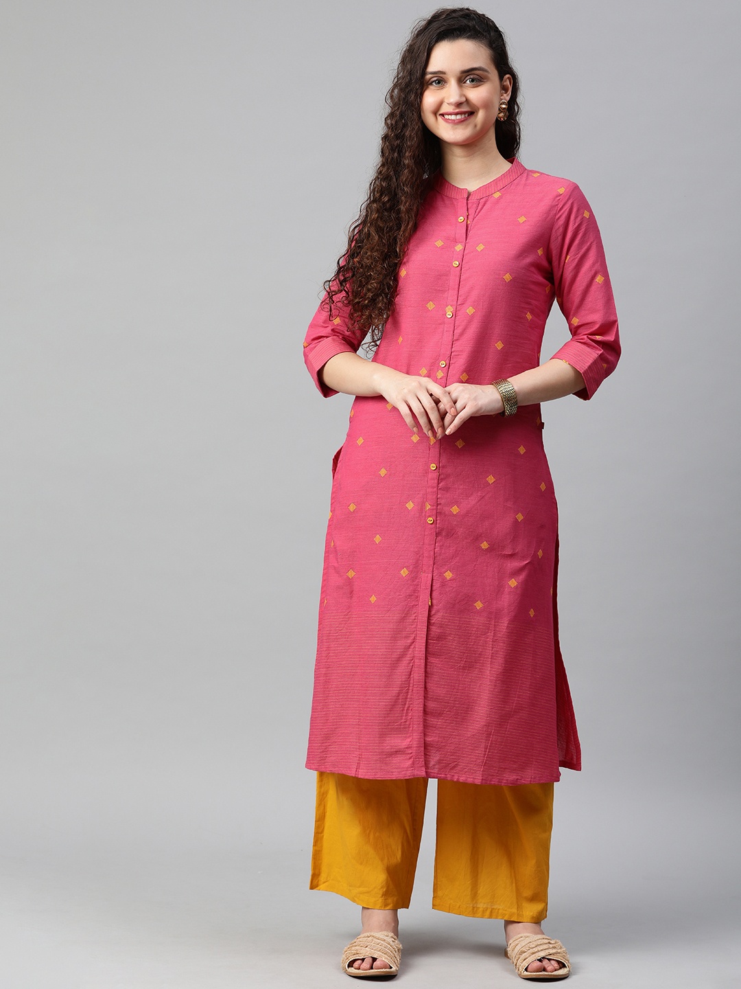 

Alena Women Pink & Mustard Yellow Woven Design Straight Fusion Kurta