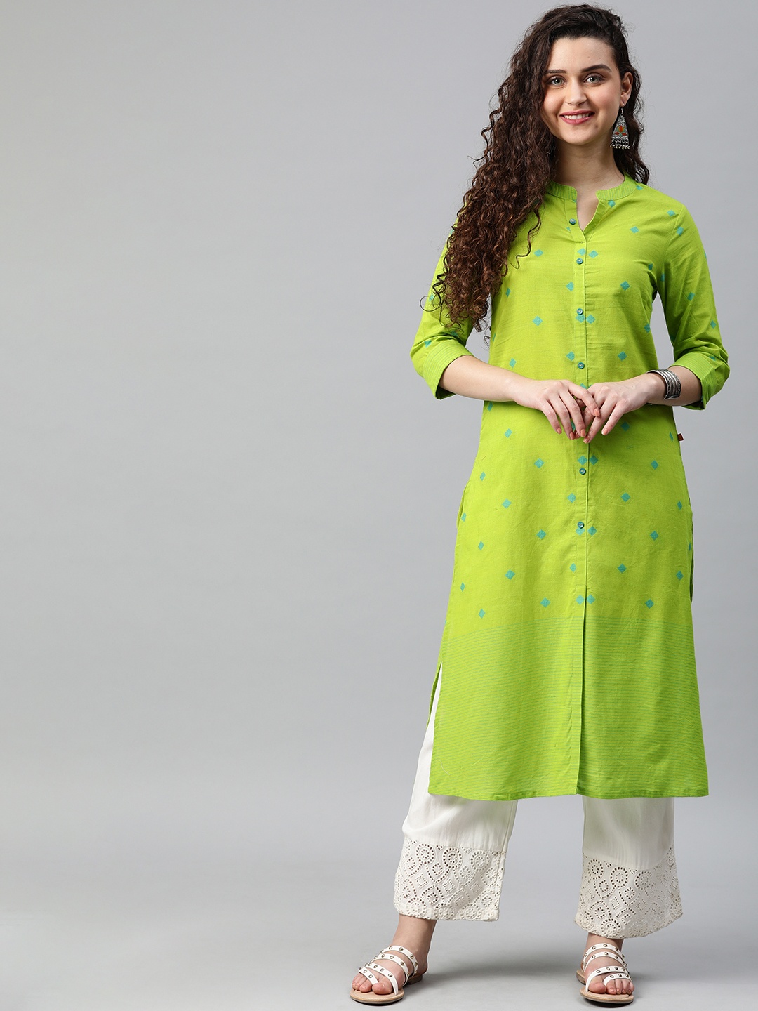 

Alena Women Green & Blue Woven Design Straight Fusion Kurta