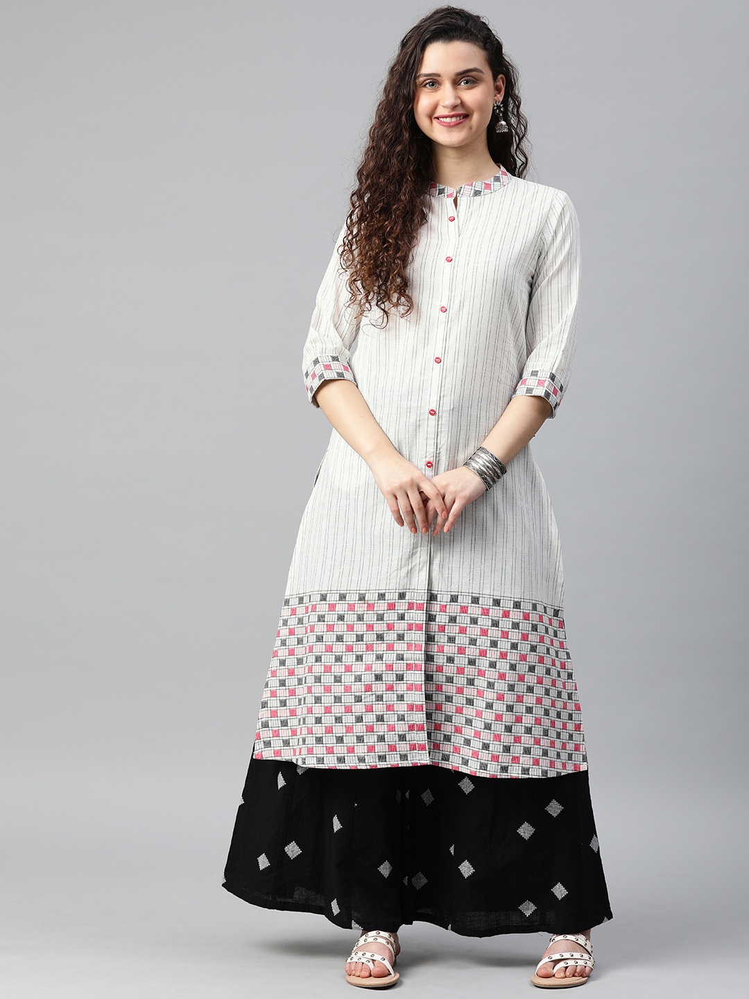 

Alena Women White & Black Striped Straight Fusion Kurta