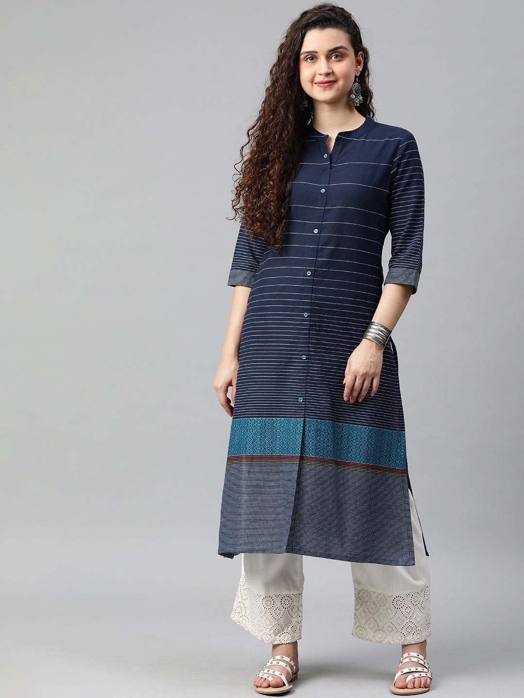 

Alena Women Navy Blue & White Striped Straight Fusion Kurta