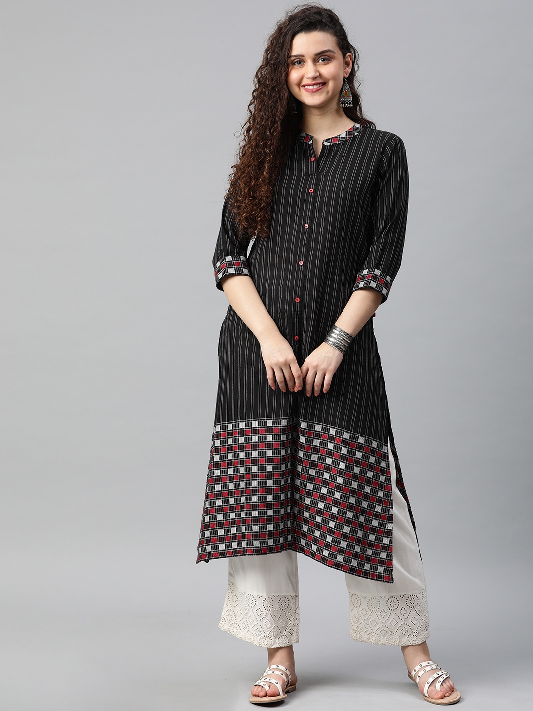 

Alena Women Black & White Striped Straight Fusion Kurta