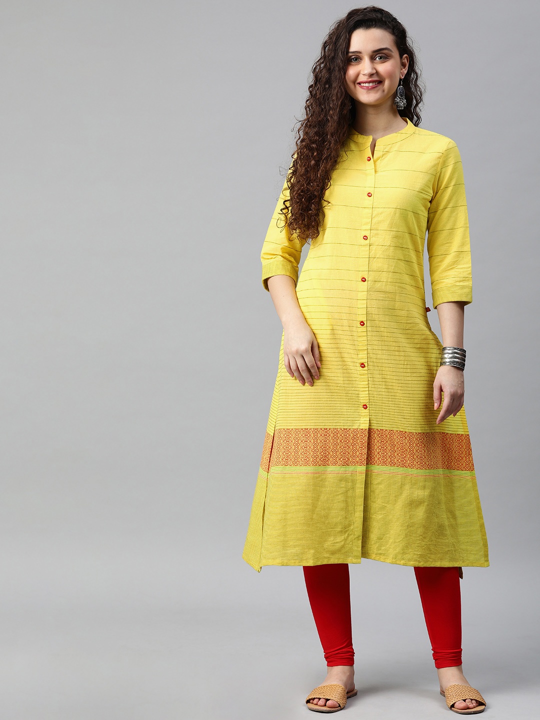

Alena Women Yellow & Green Striped Straight Fusion Kurta
