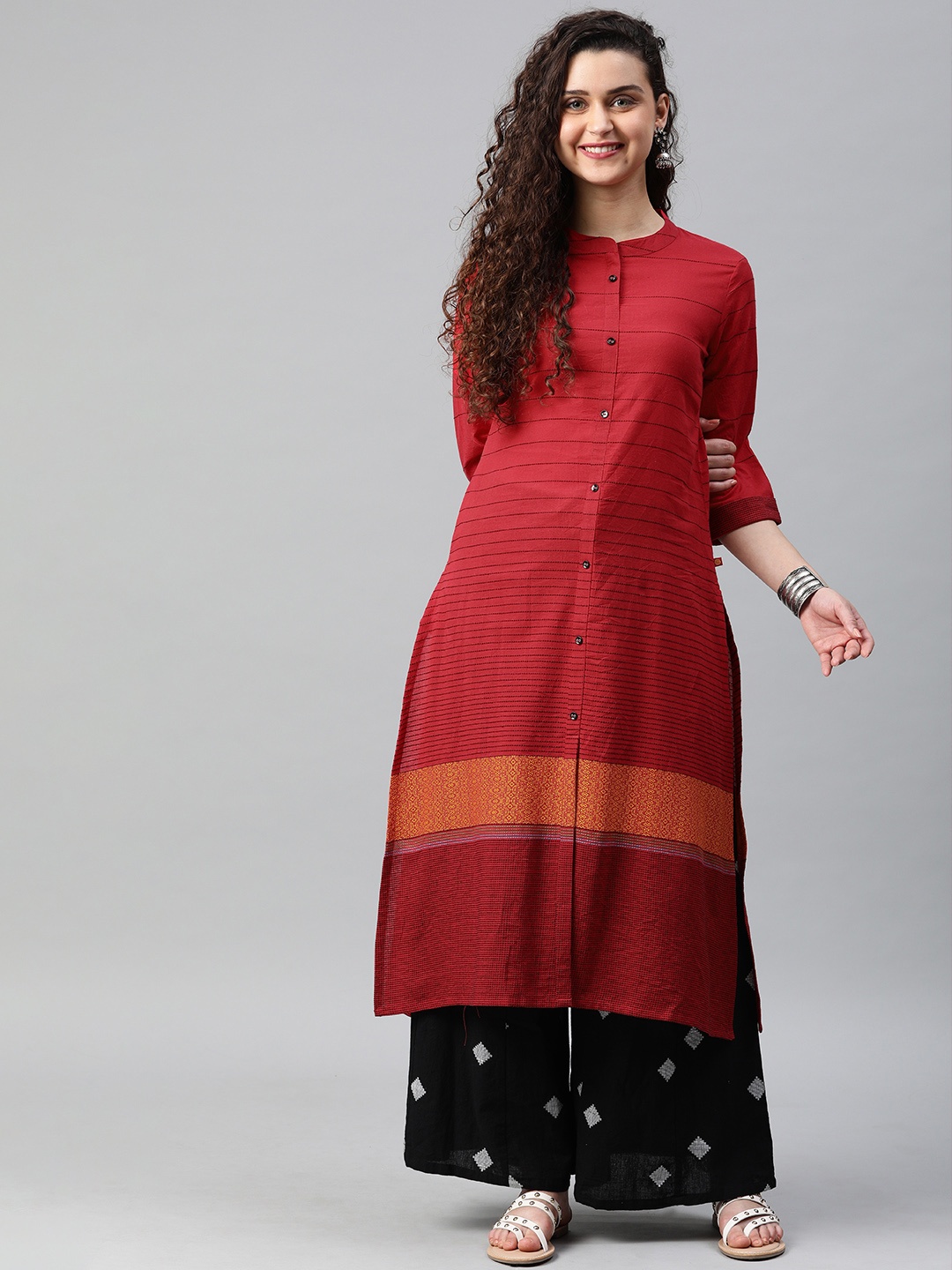 

Alena Women Red & Black Striped Straight Fusion Kurta