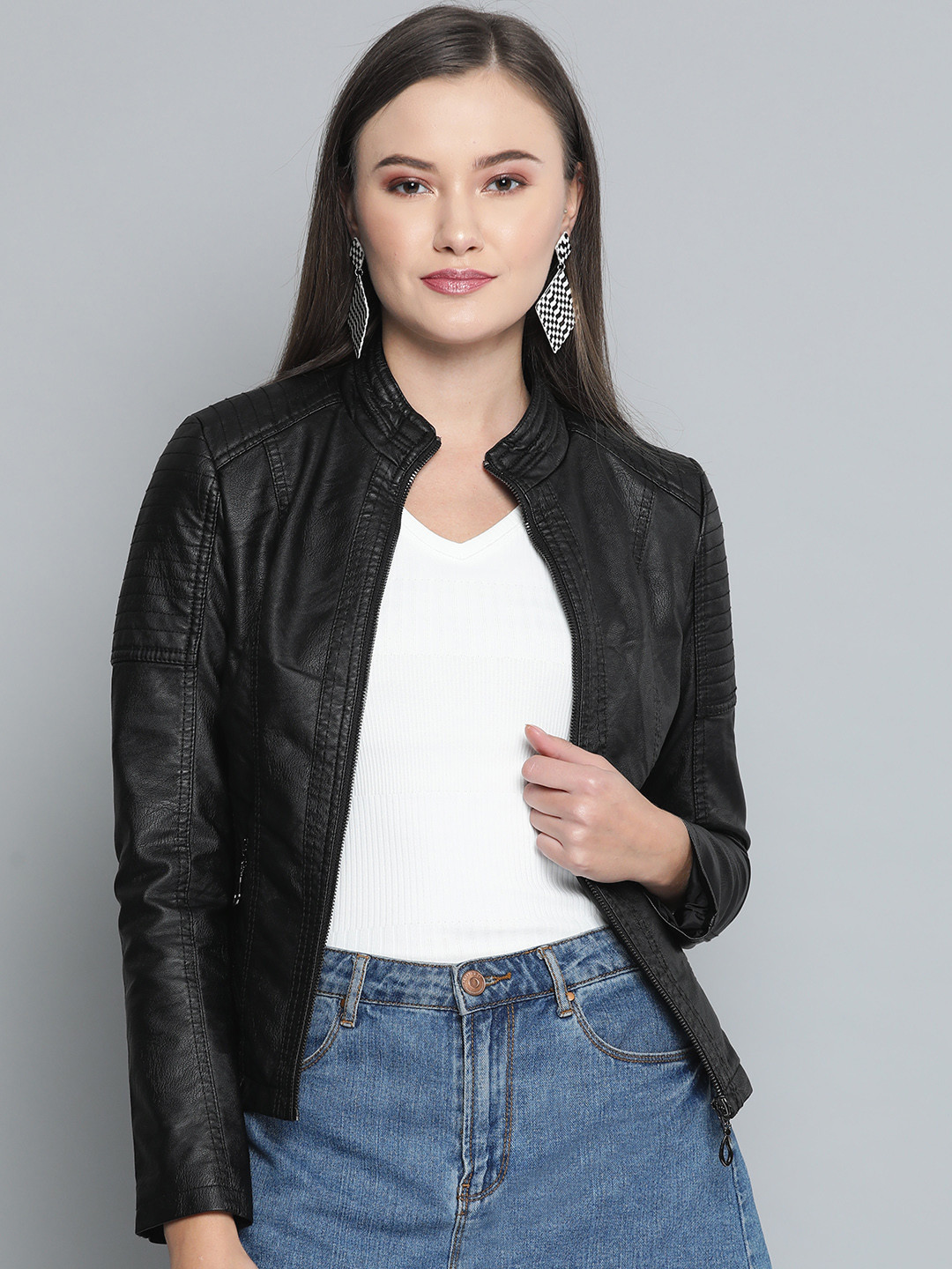 

VividArtsy Women Black Solid Biker Jacket
