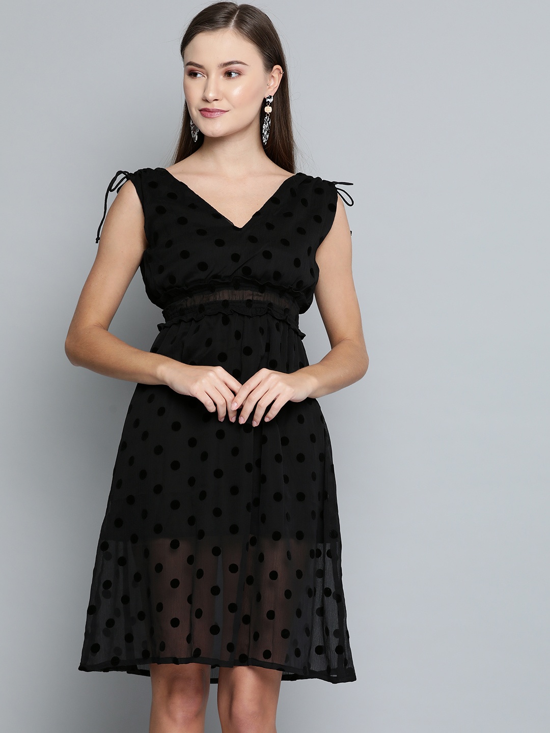

VividArtsy Women Black Self-Design Semi-Sheer Empire Dress