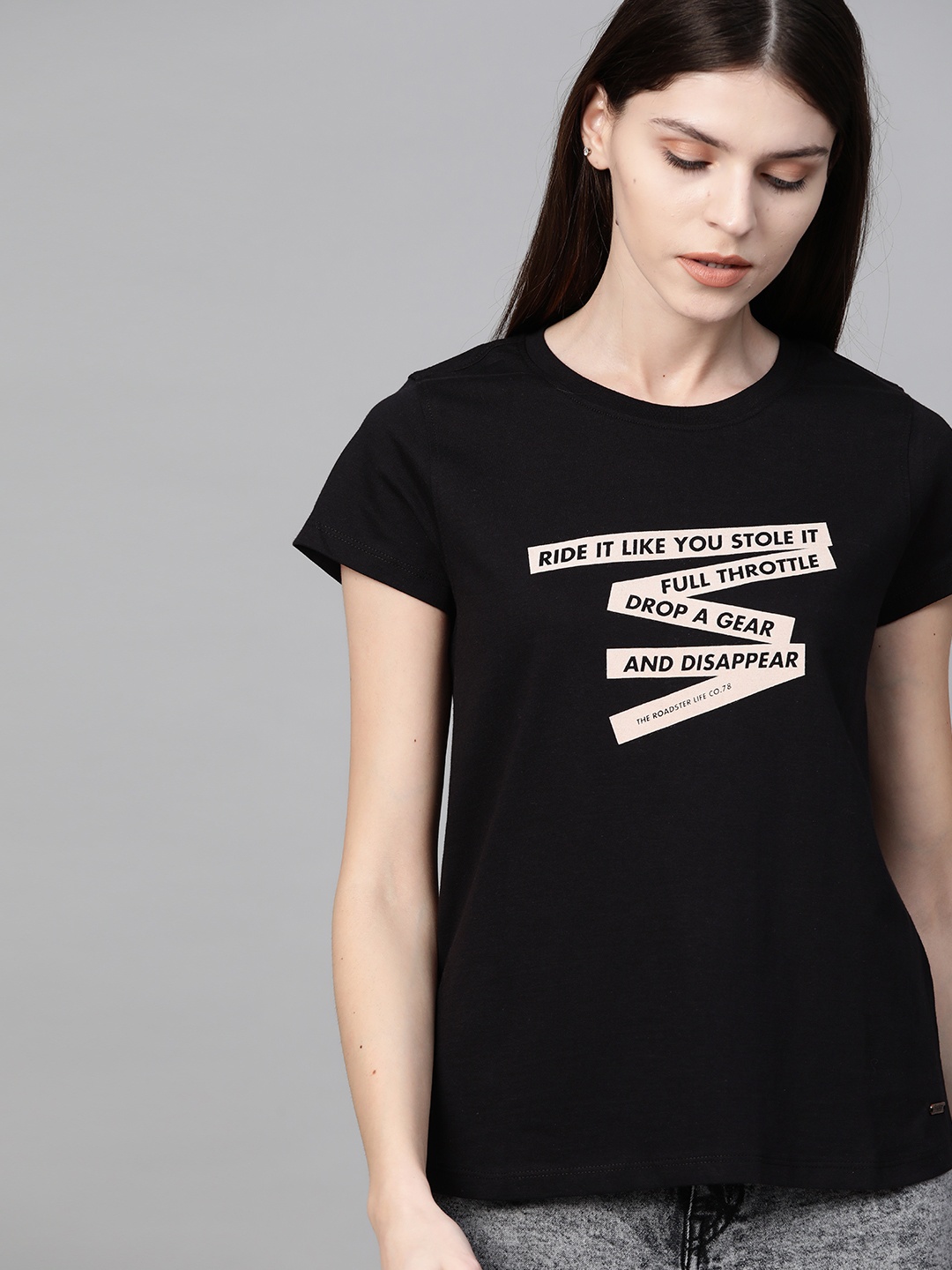 

Roadster Women Black Beige Printed Round Neck Pure Cotton T-shirt