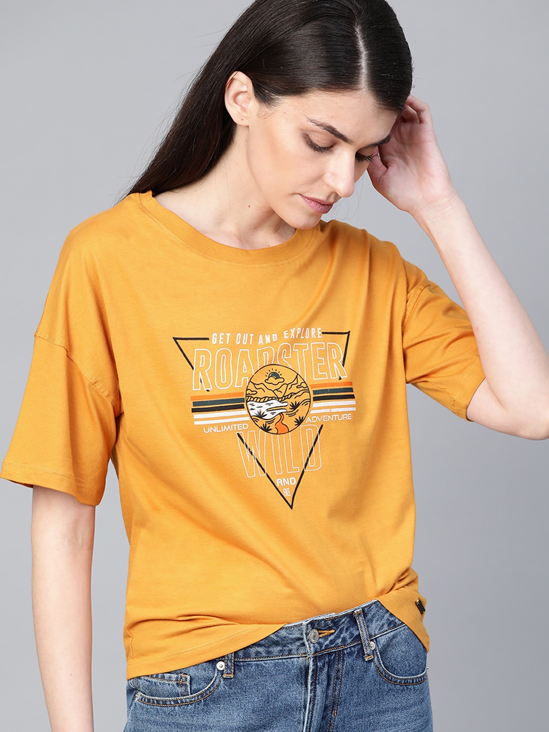 

Roadster Women Mustard Yellow Printed Round Neck T-shirt