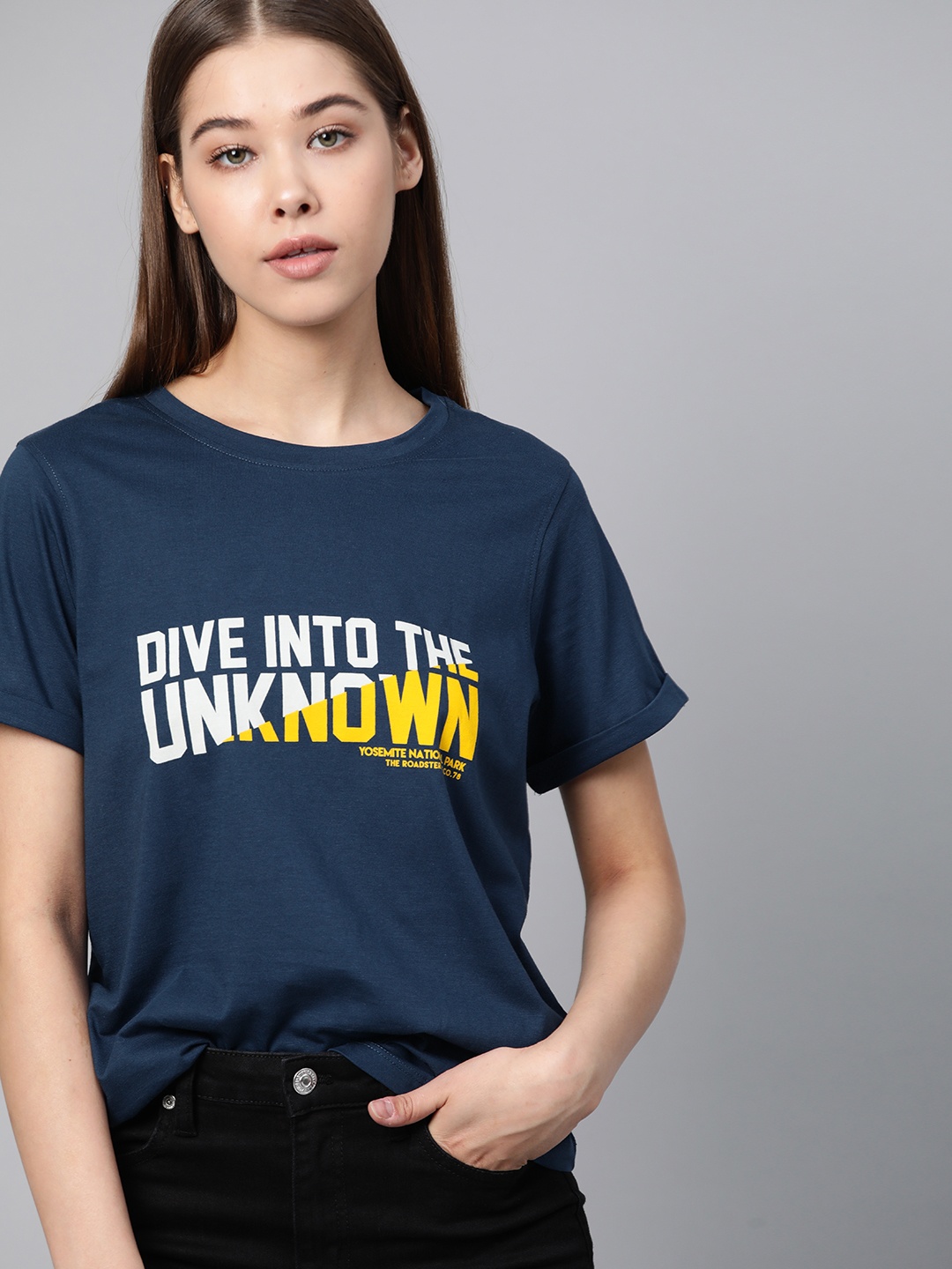 

Roadster Women Navy Blue & White Printed Round Neck T-shirt