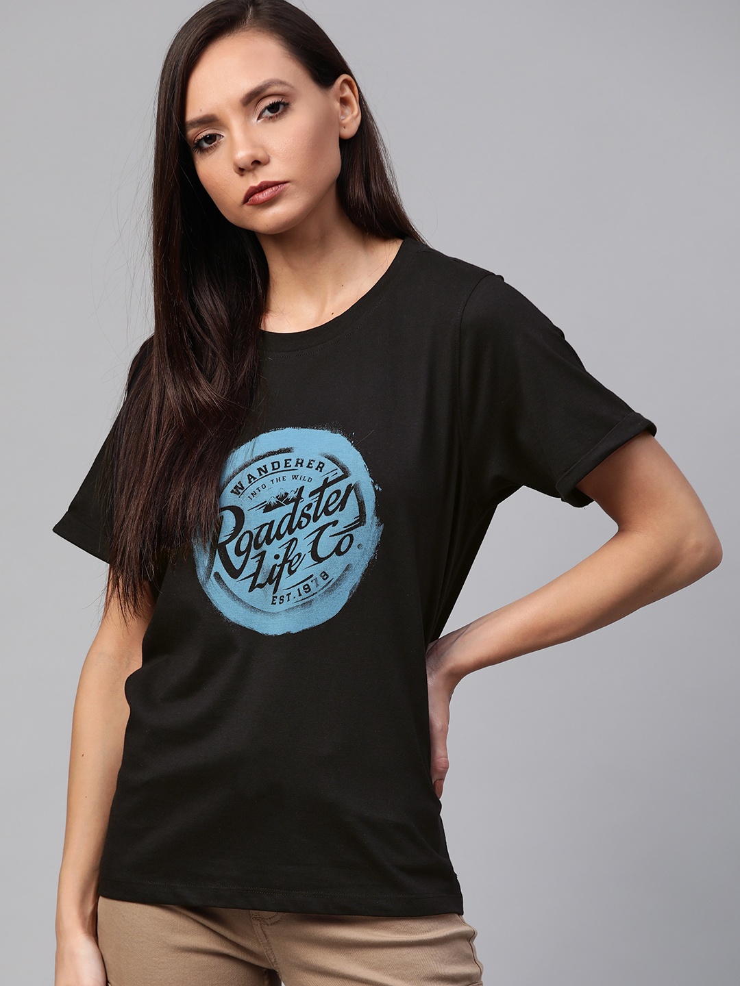 

Roadster Women Black Blue Brand Logo Printed Round Neck Pure Cotton T-shirt